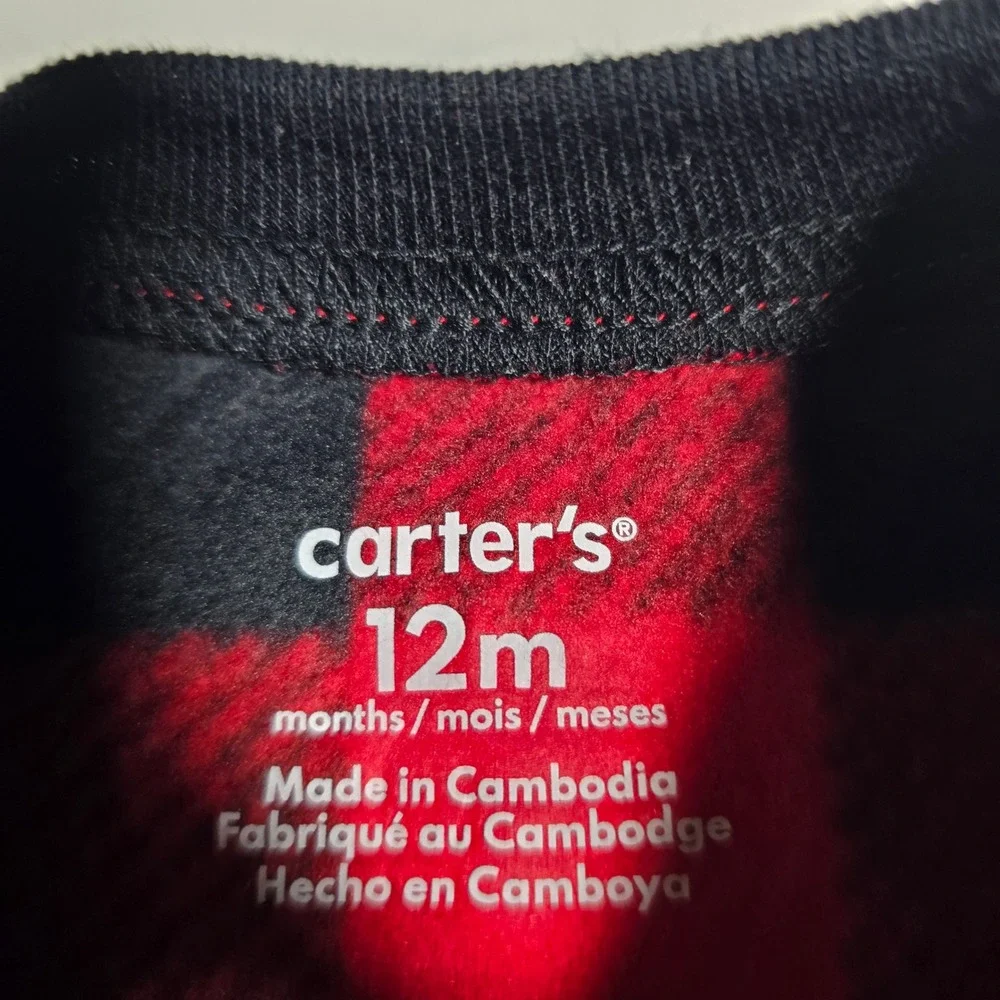 Carters Baby 12M Buffalo Plaid Fleece Footed Pajamas Moose Feet Red Black NWT